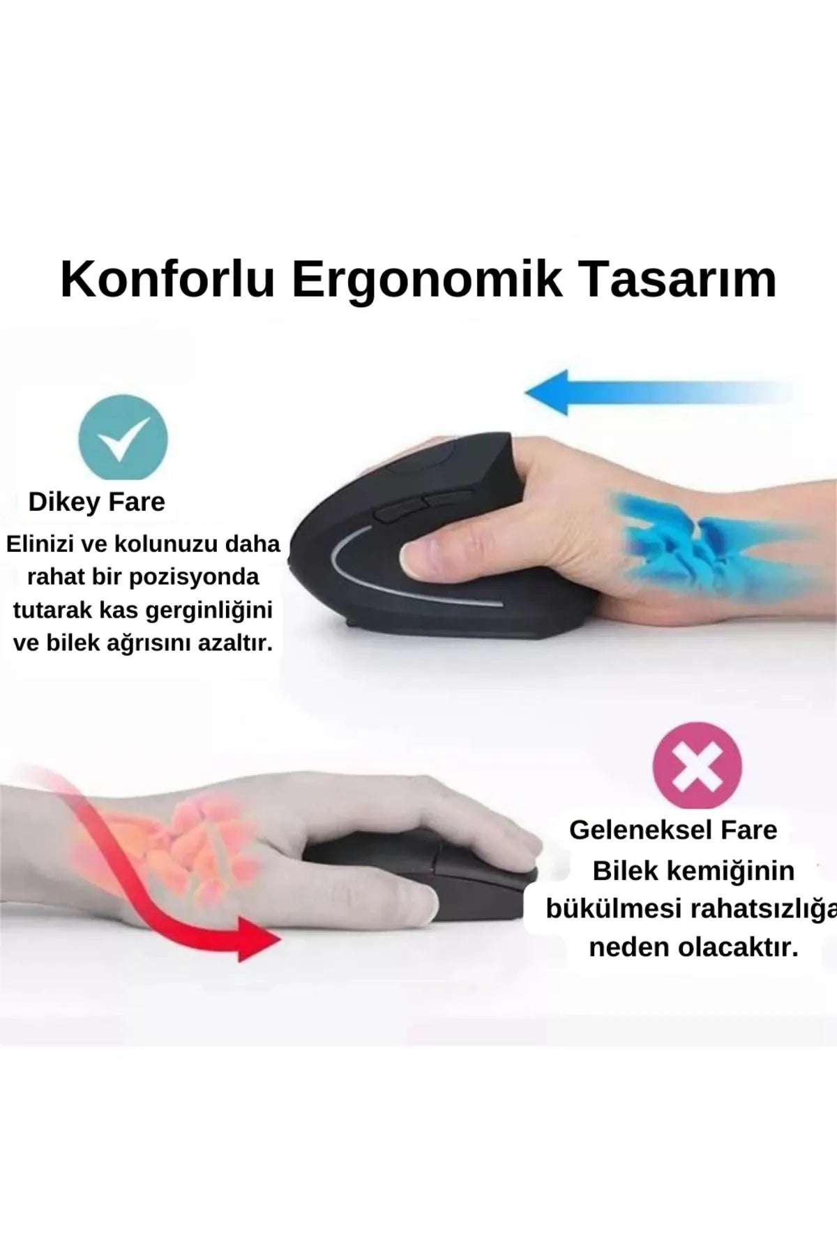 Kablosuz Ergonomik Sessiz Tıklamalı Dikey Mouse - 800/1200/1600 DPI, Bilek Dostu Tasarım