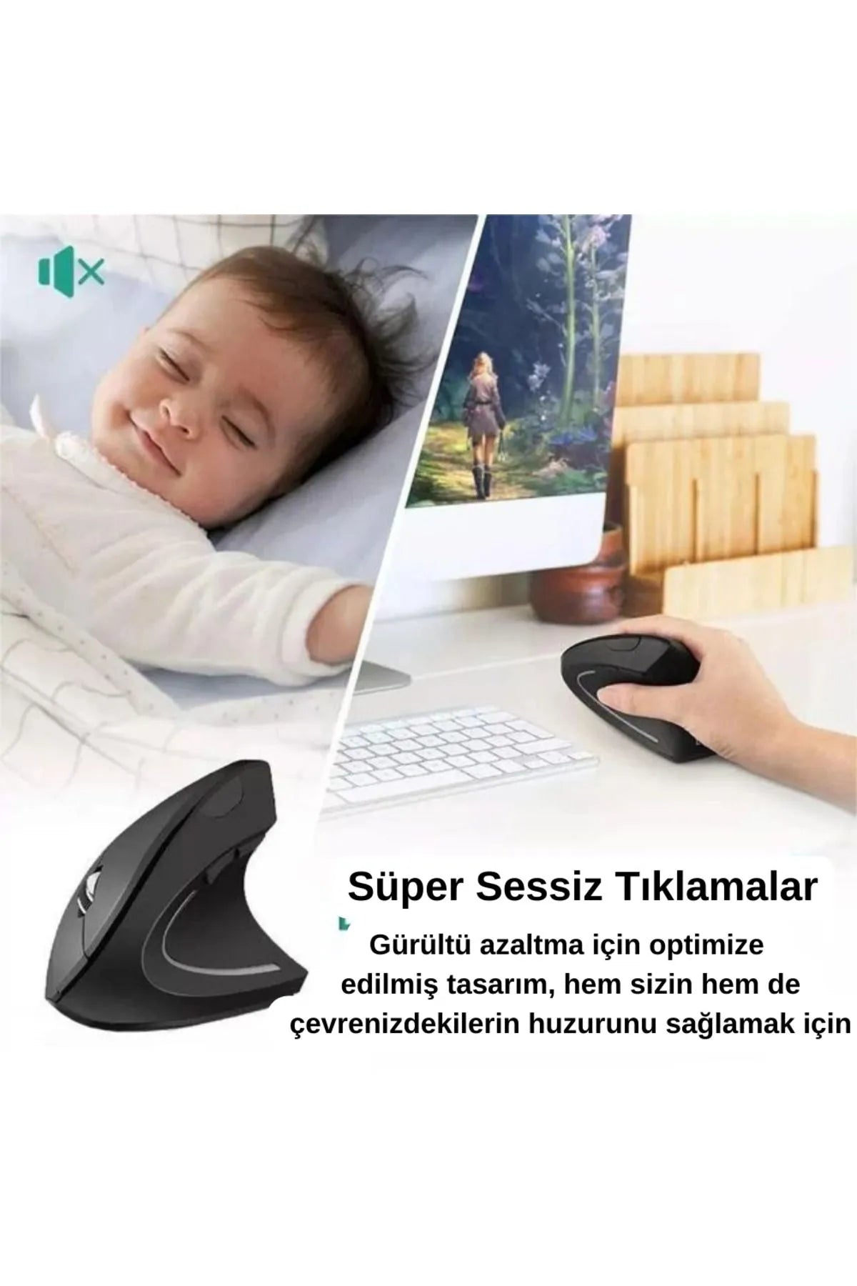 Kablosuz Ergonomik Sessiz Tıklamalı Dikey Mouse - 800/1200/1600 DPI, Bilek Dostu Tasarım